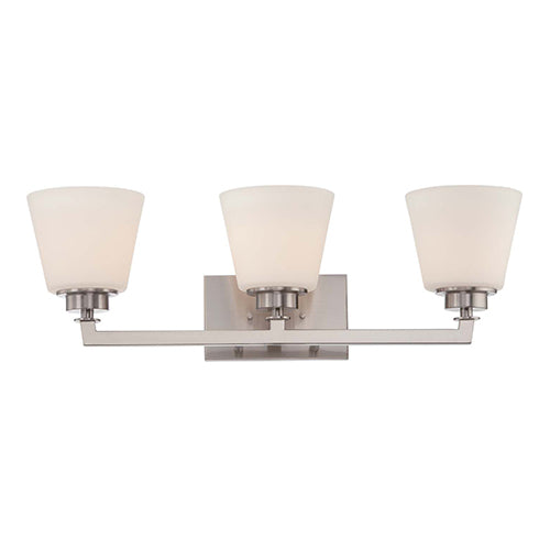 Satco 60-5453, Mobili, 3 Light, Vanity Light Fixture, 100W, 120V, Medium Base, Satin White Glass, Brushed Nickel Finish