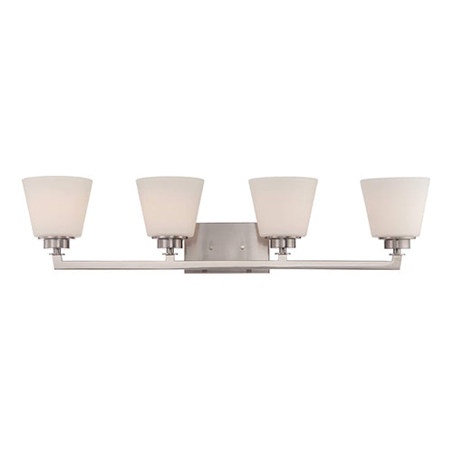 Satco 60-5454, Mobili, 4 Light, Vanity Light Fixture, 100W, 120V, Medium Base, Satin White Glass, Brushed Nickel Finish