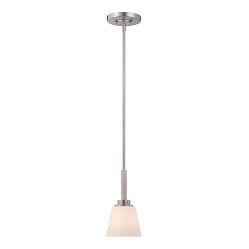 Satco 60-5457, Mobili, 1 Light, Mini Pendant Light Fixture, 100W, 120V, Medium Base, Satin White Glass, Brushed Nickel Finish