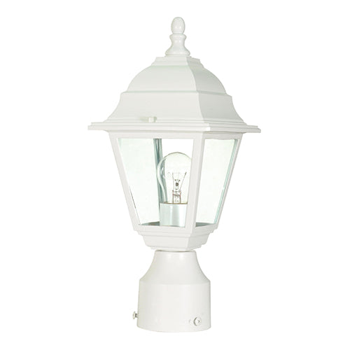 Satco 60-546, Briton, 1 Light, 14" Outdoor Post Lantern Lighting Fixture, 60W, 120V, Medium Base, Clear Glass, Replaceable Light Source, White Finish
