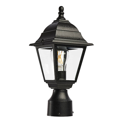 Satco 60-548, Briton, 1 Light, 14" Outdoor Post Lantern Lighting Fixture, 60W, 120V, Medium Base, Clear Glass, Replaceable Light Source, Textured Black Finish