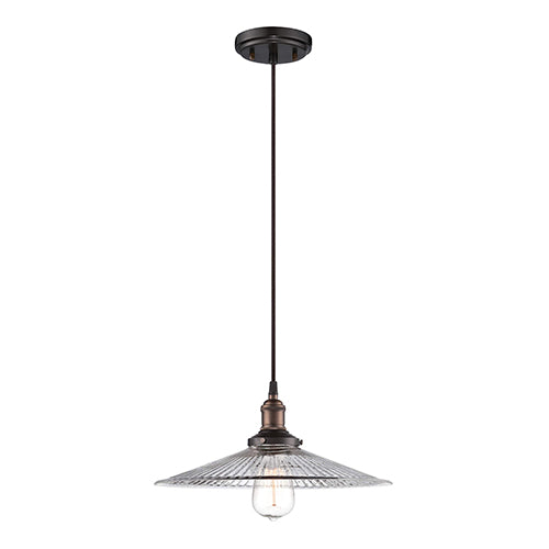 Satco 60-5516, Vintage, 1 Light, Pendant Light Fixture, 100W, 120V, Medium Base, Clear Ribbed Glass, Rustic Bronze Finish