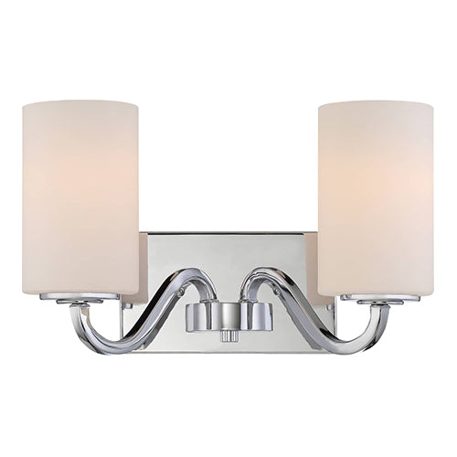 Satco 60-5802, Willow, 2 Light, Vanity Light Fixture, 100W, 120V, Medium Base, White Glass, Polished Nickel Finish