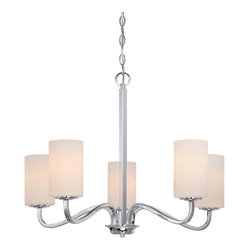 Satco 60-5805, Willow, 5 Light, Hanging Light Fixture, 100W, 120V, Medium Base, White Glass, Polished Nickel Finish