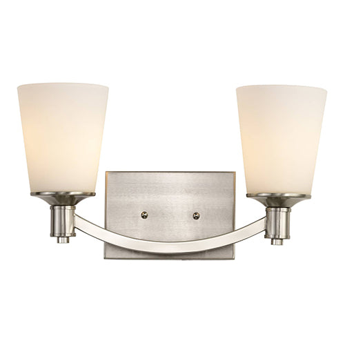 Satco 60-5822, Laguna, 2 Light, Vanity Light Fixture, 100W, 120V, Medium Base, White Glass, Brushed Nickel Finish