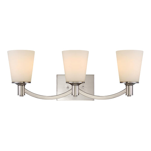 Satco 60-5823, Laguna, 3 Light, Vanity Light Fixture, 100W, 120V, Medium Base, White Glass, Brushed Nickel Finish