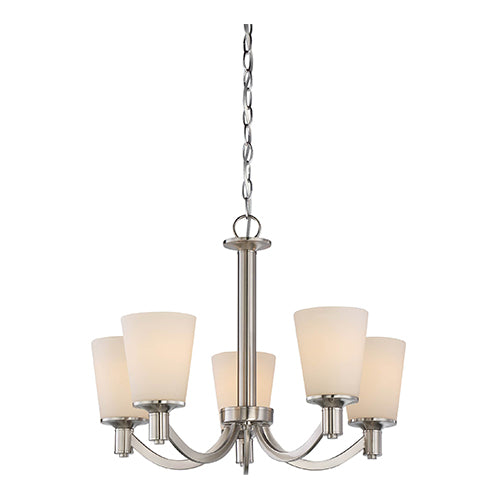 Satco 60-5825, Laguna, 5 Light, Hanging Light Fixture, 100W, 120V, Medium Base, White Glass, Brushed Nickel Finish