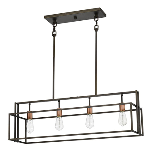 Satco 60-5854, Lake, 4 Light, Island Pendant Lighting Fixture, 60W, 120V, Medium Base, Forest Bronze with Copper Accents Finish