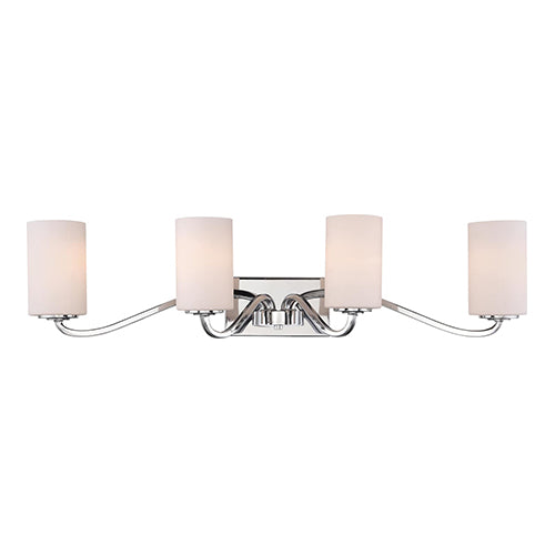 Satco 60-5871, Willow, 4 Light, Vanity Light Fixture, 100W, 120V, Medium Base, White Glass, Polished Nickel Finish