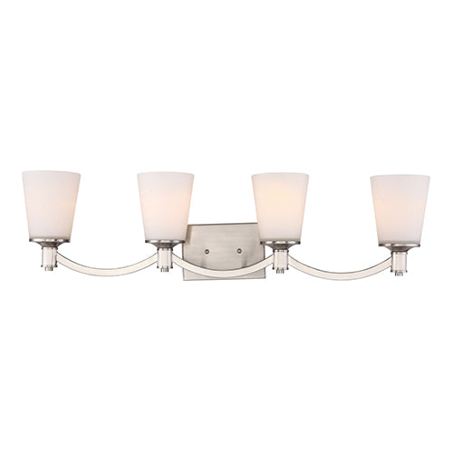 Satco 60-5874, Laguna, 4 Light, Vanity Light Fixture, 100W, 120V, Medium Base, White Glass, Brushed Nickel Finish