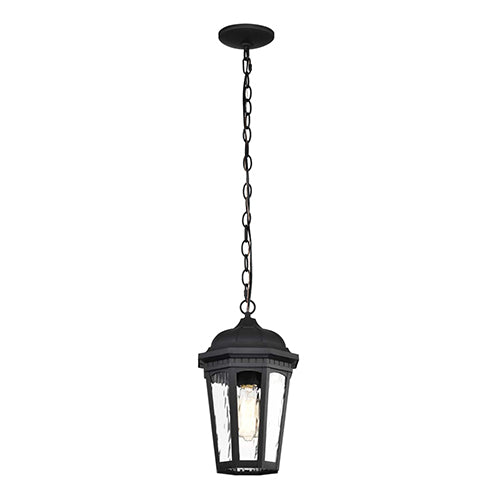 Satco 60-5944, East River, 1 Light, 14.5" Collection Outdoor Hanging Lighting Fixture, 100W, 120V, Medium Base, Clear Water Glass, Matte Black Finish