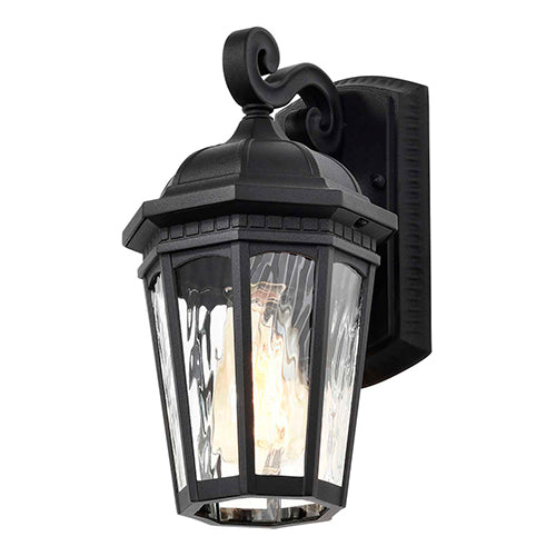 Satco 60-5945, East River, 1 Light, 12" Collection Outdoor Small Wall Lighting Fixture, 100W, 120V, Medium Base, Clear Water Glass, Matte Black Finish