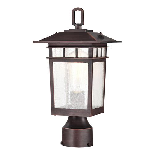 Satco 60-5955, Cove Neck, 1 Light, 14" Outdoor Medium Post Light Pole Lantern, 100W, 120V, Medium Base, Clear Seeded Glass, Rustic Bronze Finish