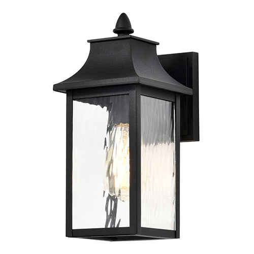 Satco 60-5997, Austen, 1 Light, 13" Outdoor Small Wall Lighting Fixture, 100W, 120V, Medium Base, Clear Water Glass, Matte Black Finish