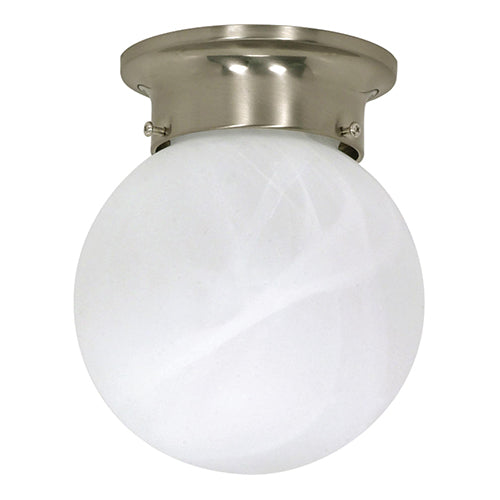 Satco 60-6008, 1 Light, 6" Ceiling Mount Light Fixture, 60W, 120V, Medium Base, Alabaster Ball, Brushed Nickel Finish
