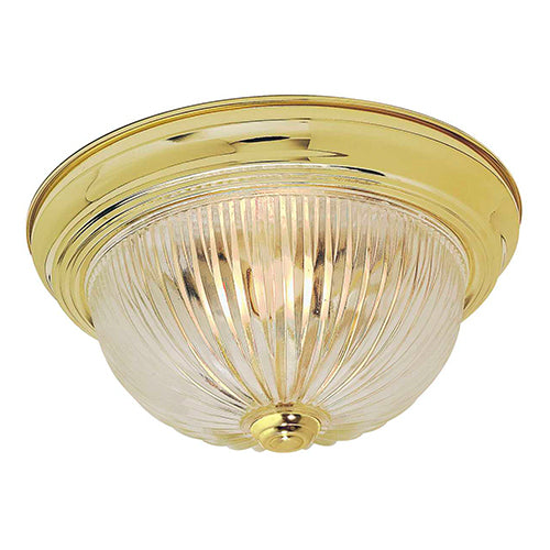 Satco 60-6015, 2 Light, 11" Flush Mount Light Fixture, 60W, 120V, Medium Base, Clear Ribbed Glass, Polished Brass Finish
