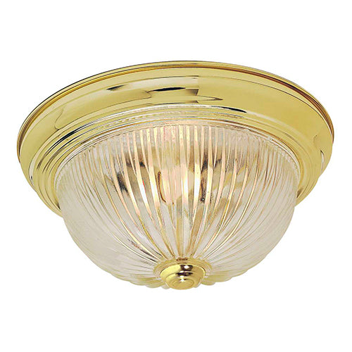 Satco 60-6016, 2 Light, 13" Flush Mount Light Fixture, 60W, 120V, Medium Base, Clear Ribbed Glass, Polished Brass Finish