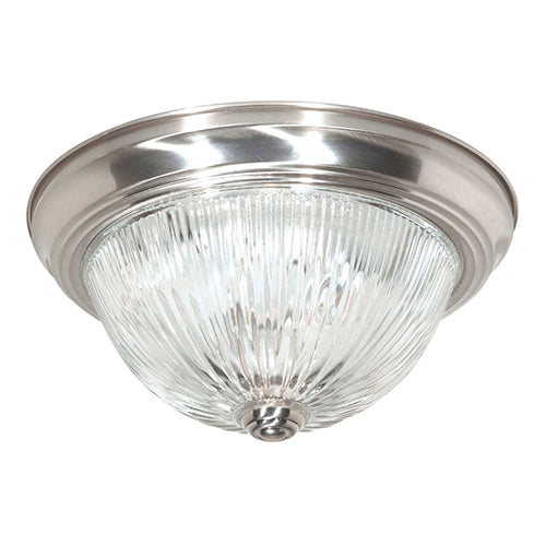 Satco 60-6023, 2 Light, 11" Flush Mount Light Fixture, 60W, 120V, Medium Base, Clear Ribbed Glass, Brushed Nickel Finish