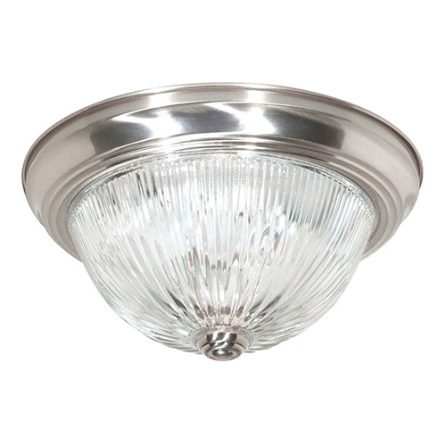 Satco 60-6024, 2 Light, 13" Flush Mount Light Fixture, 60W, 120V, Medium Base, Clear Ribbed Glass, Brushed Nickel Finish