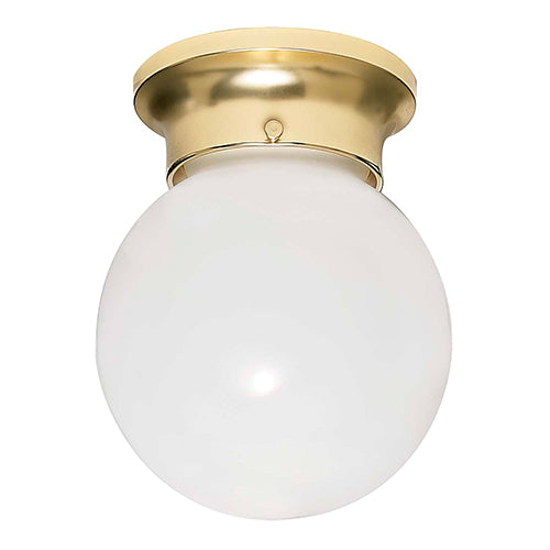 Satco 60-6028, 1 Light, 6" Ceiling Mount Light Fixture, 60W, 120V, Medium Base, White Ball, Polished Brass Finish