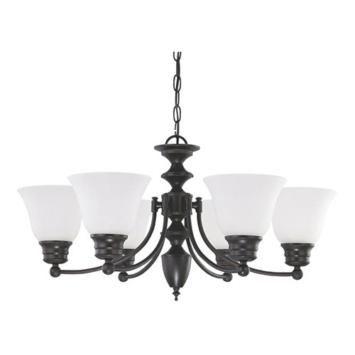 Satco 60-6042, Empire 6-Light 26" Chandelier with Frosted White Glass, 60W, 120V, Mahogany Bronze Finish