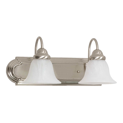 Satco 60-6074, Ballerina, 2 Light, 18" Vanity Light Fixture, 100W, 120V, Medium Base, Alabaster Glass Bell Shades, Brushed Nickel Finish