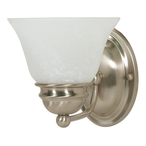 Satco 60-6077, Empire, 1 Light, 7" Vanity Light Fixture, 100W, 120V, Medium Base, Alabaster Glass Bell Shades, Brushed Nickel Finish