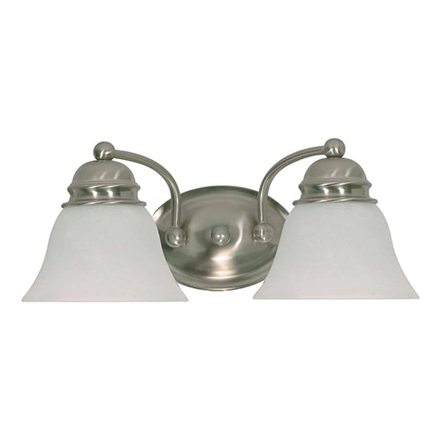 Satco 60-6078, Empire, 2 Light, 15" Vanity Light Fixture, 100W, 120V, Medium Base, Alabaster Glass Bell Shades, Brushed Nickel Finish