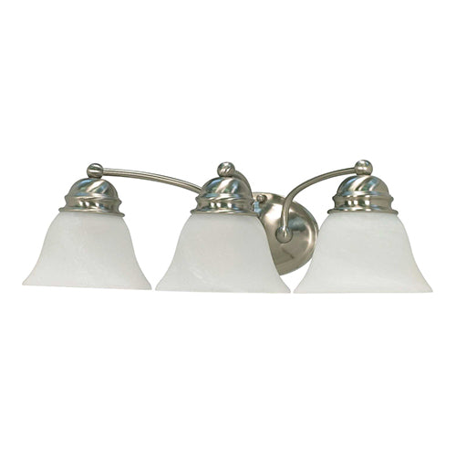 Satco 60-6079, Empire, 3 Light, 21" Vanity Light Fixture, 100W, 120V, Medium Base, Alabaster Glass Bell Shades, Brushed Nickel Finish