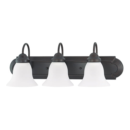 Satco 60-6083, Ballerina, 3 Light, 24" Vanity Light Fixture, 100W, 120V, Medium Base, Frosted White Glass, Mahogany Bronze Finish