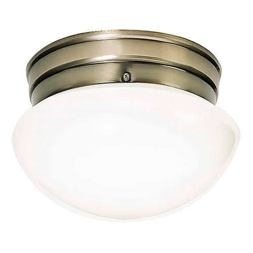 Satco 60-6114, 1 Light, 8" Flush Mount Light Fixture, 60W, 120V, Medium Base, Small White Mushroom, Antique Brass Finish