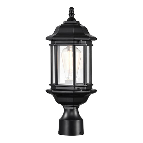Satco 60-6116, Hopkins, 1 Light, 16" Outdoor Small Post Light Pole Lantern, 100W, 120V, Medium Base, Clear Glass, Matte Black Finish