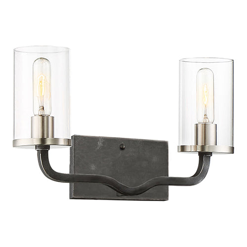Satco 60-6122, Sherwood, 2 Light, 16" Vanity Light Fixture, 60W, 120V, Medium Base, Clear Glass,  Iron Black with Brushed Nickel Accents Finish
