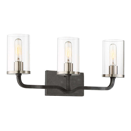 Satco 60-6123, Sherwood, 3 Light, 24" Vanity Light Fixture, 60W, 120V, Medium Base, Clear Glass,  Iron Black with Brushed Nickel Accents Finish