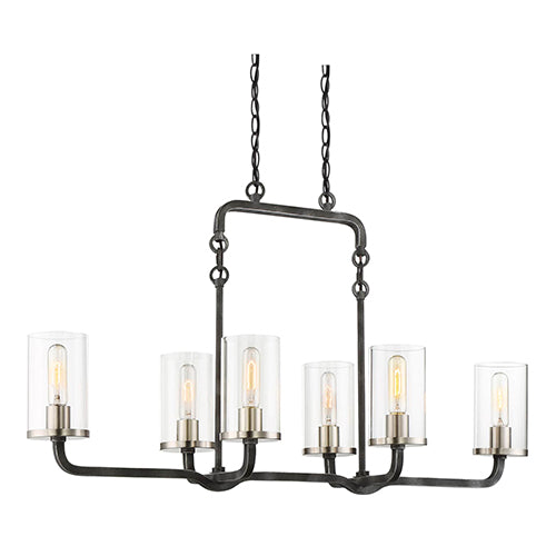 Satco 60-6124, Sherwood, 6 Light, Island Pendant Lighting Fixture, 60W, 120V, Medium Base, Clear Glass, Iron Black with Brushed Nickel Accents Finish