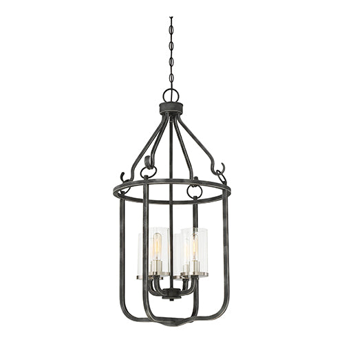 Satco 60-6127, Sherwood, 4 Light, Caged Pendant Lighting Fixture, 60W, 120V, Medium Base, Clear Glass, Iron Black with Brushed Nickel Accents Finish