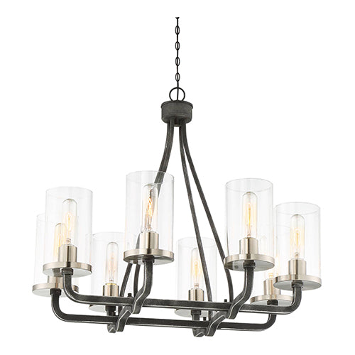 Satco 60-6128, Sherwood, 8 Light, Chandelier Lighting Fixture, 60W, 120V, Medium Base, Clear Glass, Iron Black with Brushed Nickel Accents Finish