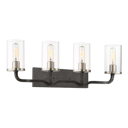 Satco 60-6129, Sherwood, 4 Light, 32" Vanity Light Fixture, 60W, 120V, Medium Base, Clear Glass,  Iron Black with Brushed Nickel Accents Finish