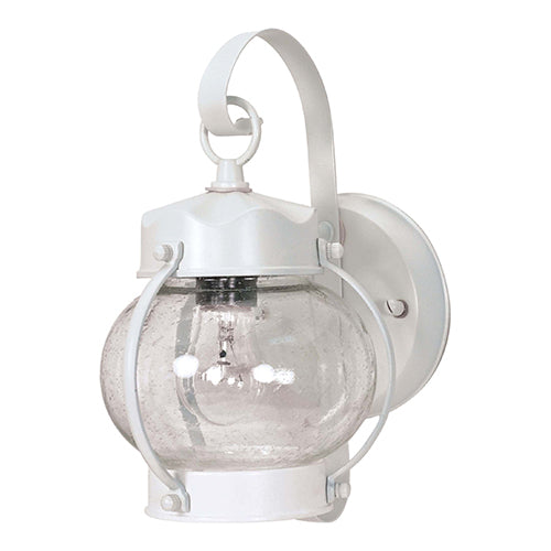 Satco 60-630, 1 Light, 11" Small Outdoor Onion Lantern Lighting Fixture, 60W, 120V, Medium Base, Clear Seed Glass, Replaceable Light Source, White Finish