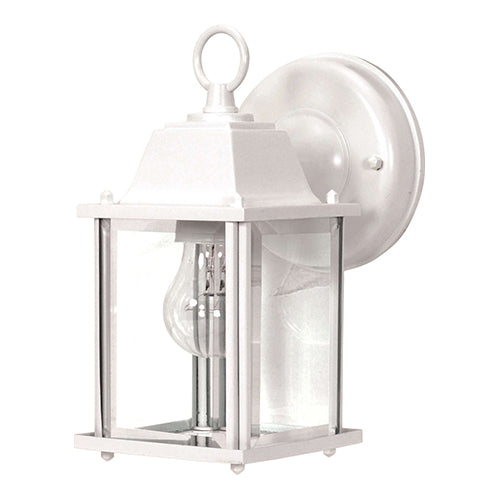 Satco 60-636, 1 Light, 9" Small Outdoor Cube Lantern Lighting Fixture, 60W, 120V, Medium Base, Clear Beveled Glass, Replaceable Light Source, White Finish