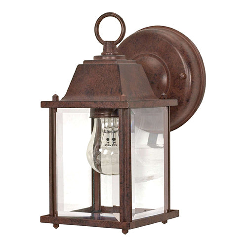 Satco 60-637, 1 Light, 9" Small Outdoor Cube Lantern Lighting Fixture, 60W, 120V, Medium Base, Clear Beveled Glass, Replaceable Light Source, Old Bronze Finish