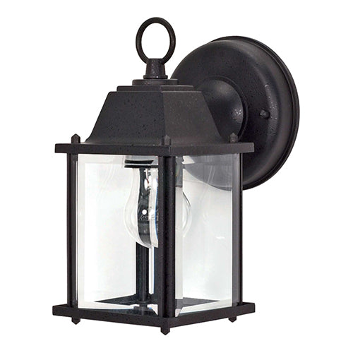 Satco 60-638, 1 Light, 9" Small Outdoor Cube Lantern Lighting Fixture, 60W, 120V, Medium Base, Clear Beveled Glass, Replaceable Light Source, Textured Black Finish