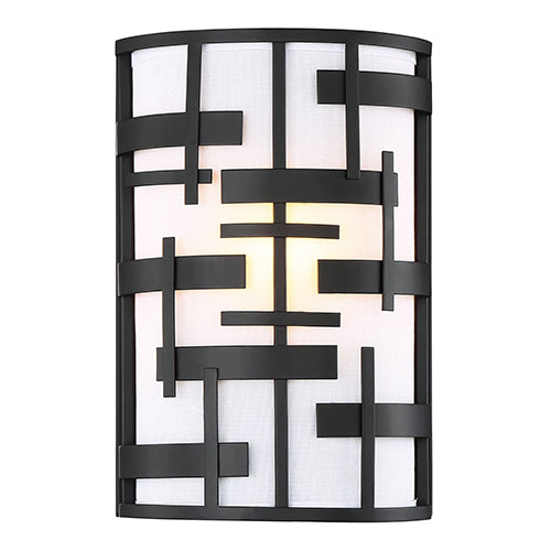 Satco 60-6431, Lansing, 2 Light, Wall Sconce Lighting Fixture, 60W, 120V, Candelabra Base, White Fabric Shade, Midnight Bronze Finish