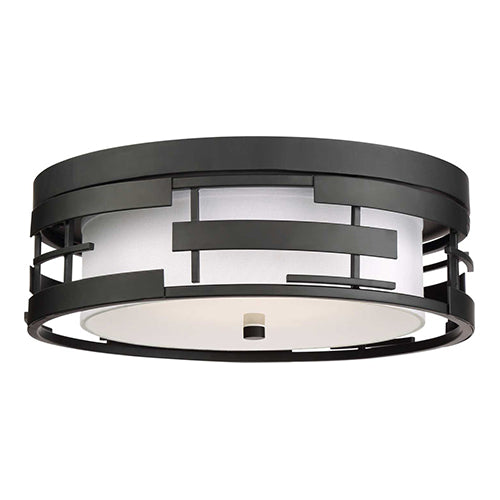 Satco 60-6434, Lansing, 3 Light, Flush Mount Lighting Fixture, 60W, 120V, Medium Base, White Fabric Shade and Opal Diffuser, Midnight Bronze Finish