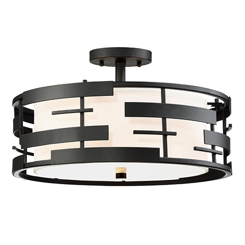 Satco 60-6436, Lansing, 3 Light, Semi-Flush Mount Lighting Fixture, 100W, 120V, Medium Base, White Fabric Shade and Opal Diffuser, Midnight Bronze Finish