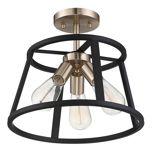 Satco 60-6643, Chassis, 3 Light, Semi-Flush Mount Lighting Fixture, 60W, 120V, Medium Base, Copper Brushed Brass / Matte Black Finish