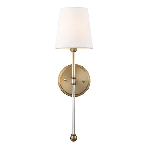 Satco 60-6687, Olmstead, 1 Light, Wall Sconce Lighting Fixture, 60W, 120V, Candelabra Base, White Linen Shade, Burnished Brass Finish