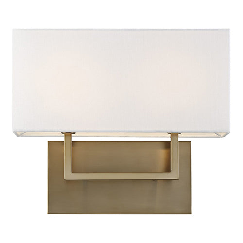 Satco 60-6717, Tribeca, 2 Light, Vanity Light Fixture, 60W, 120V, Candelabra Base, White Linen Shade, Burnished Brass Finish