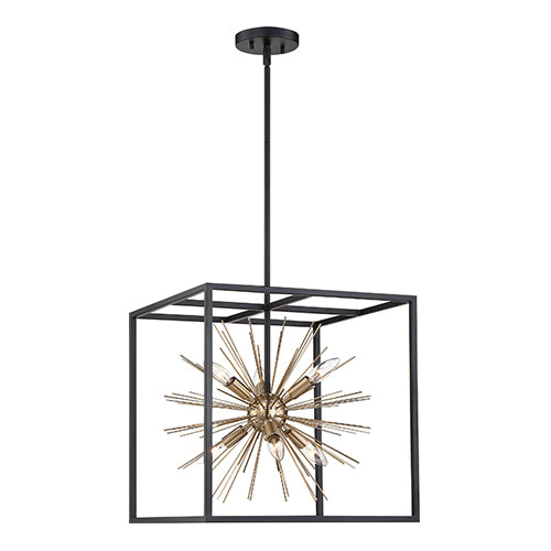 Satco 60-6730, Spirefly, 6 Light, Pendant Lighting Fixture, 60W, 120V, Candelabra Base, Matte Black and Burnished Brass Finish