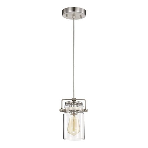 Satco 60-6736, Antebellum, 1 Light, Mini Pendant Lighting Fixture, 60W, 120V, Medium Base, Clear Glass, Brushed Nickel Finish